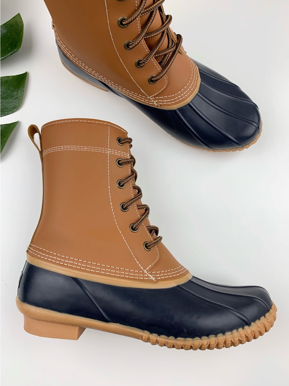 Lands End Duck Boots Brown Leather Blue Waterproof Rubber Lace Up Women's 7.5